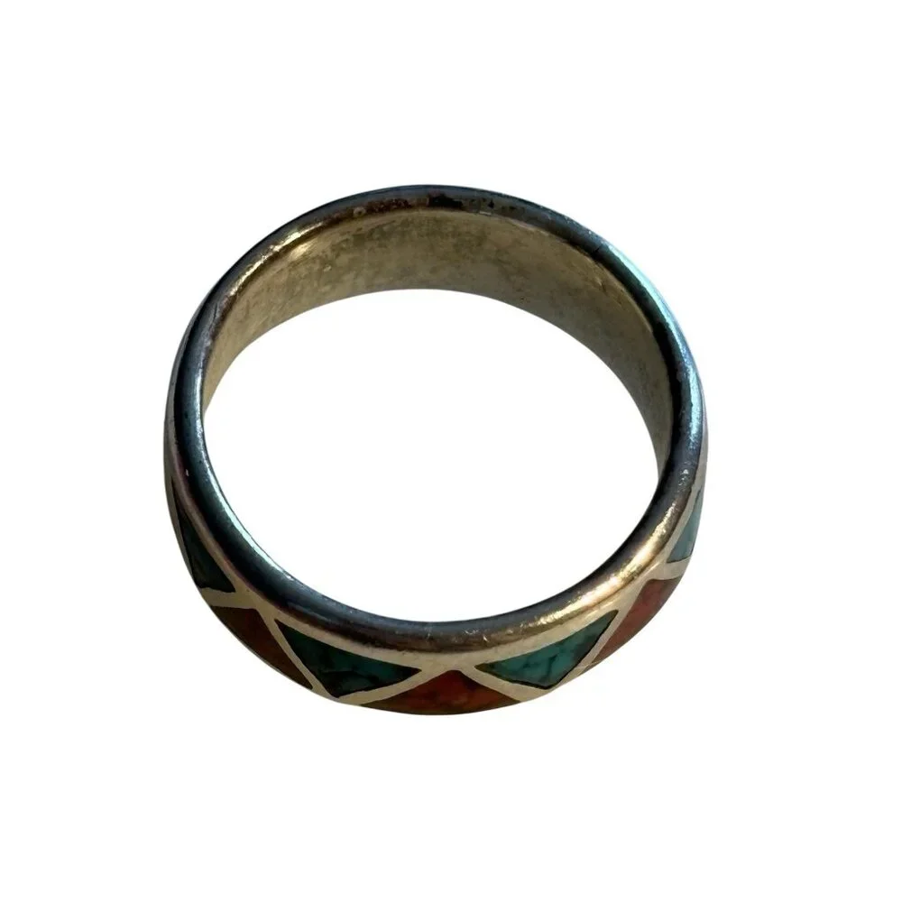 Navajo Chip Inlay Ring 925 Silver Turquoise‎ & Coral Ted Ott Size 7.5 Vintage